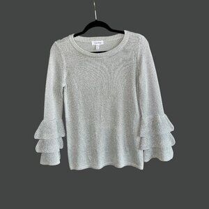 Calvin Klein Metallic Silver Ruffle Sleeve Festive Pullover Sweater Size XS
